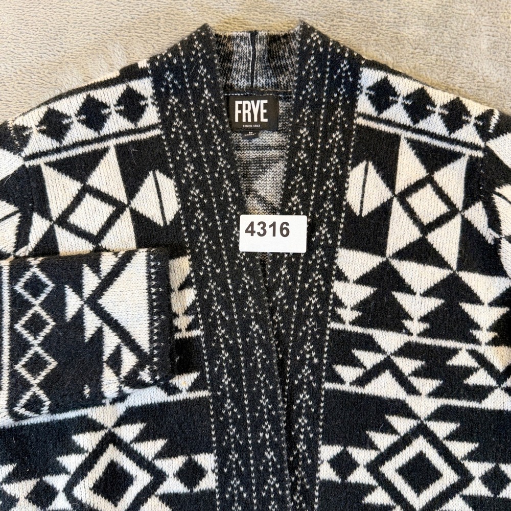 Frye Cardigan Sweater Women Medium Black White Geometric Aztec Open Front Nordic